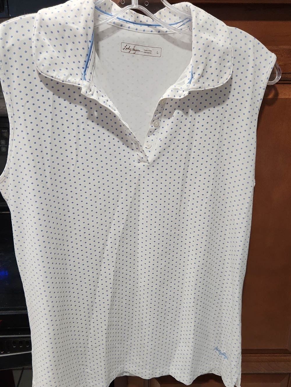 Lady Hagen Polka Dot Sleeveless Blouse White & Blue Large